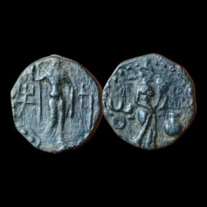 KUSHAN:Vima Takto copper coin with Oesho & Ardoksho. Rare.
