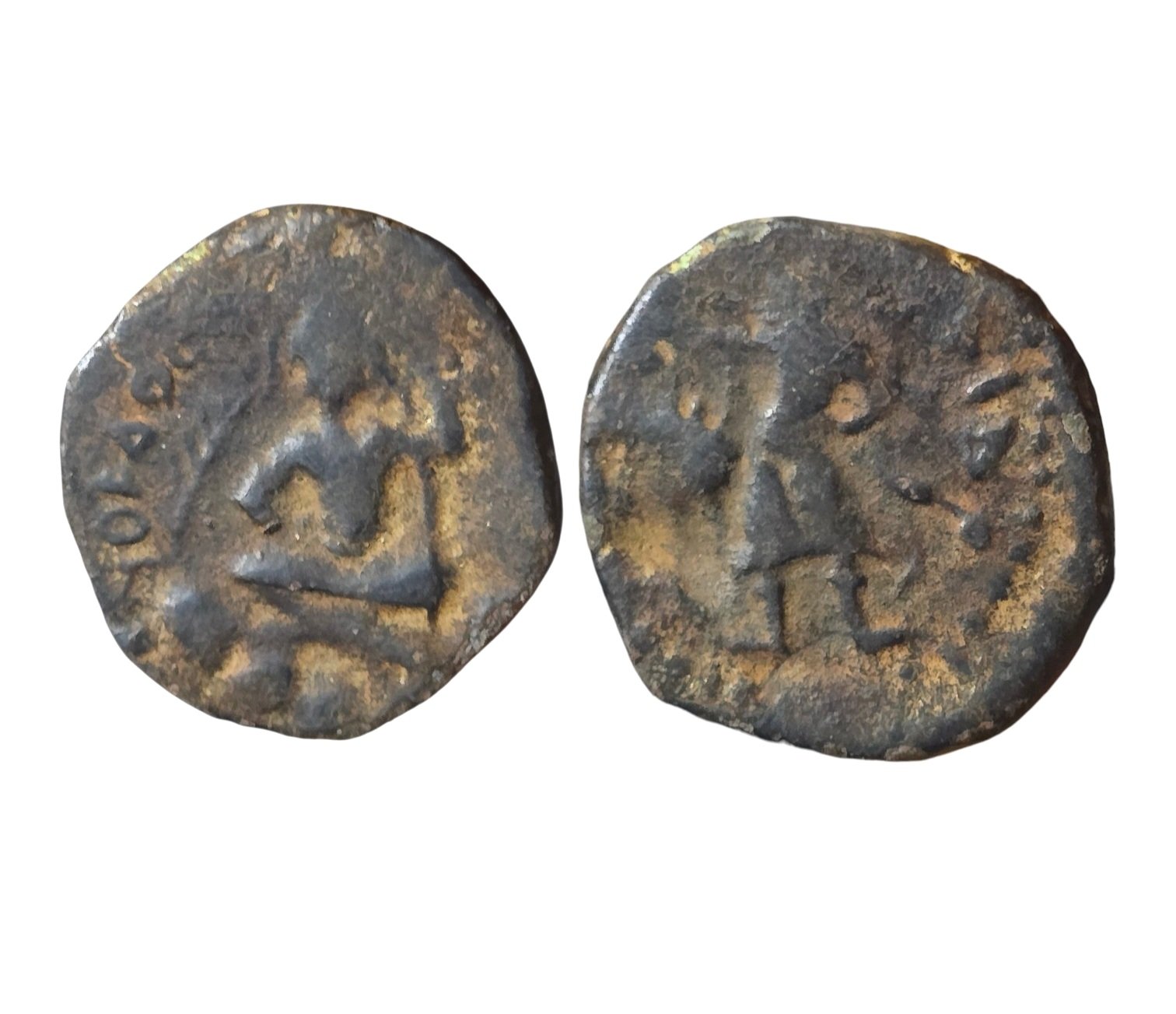 Kushans. Huvishka AE Half Unit cross-legged with Mao Extremely Rare.